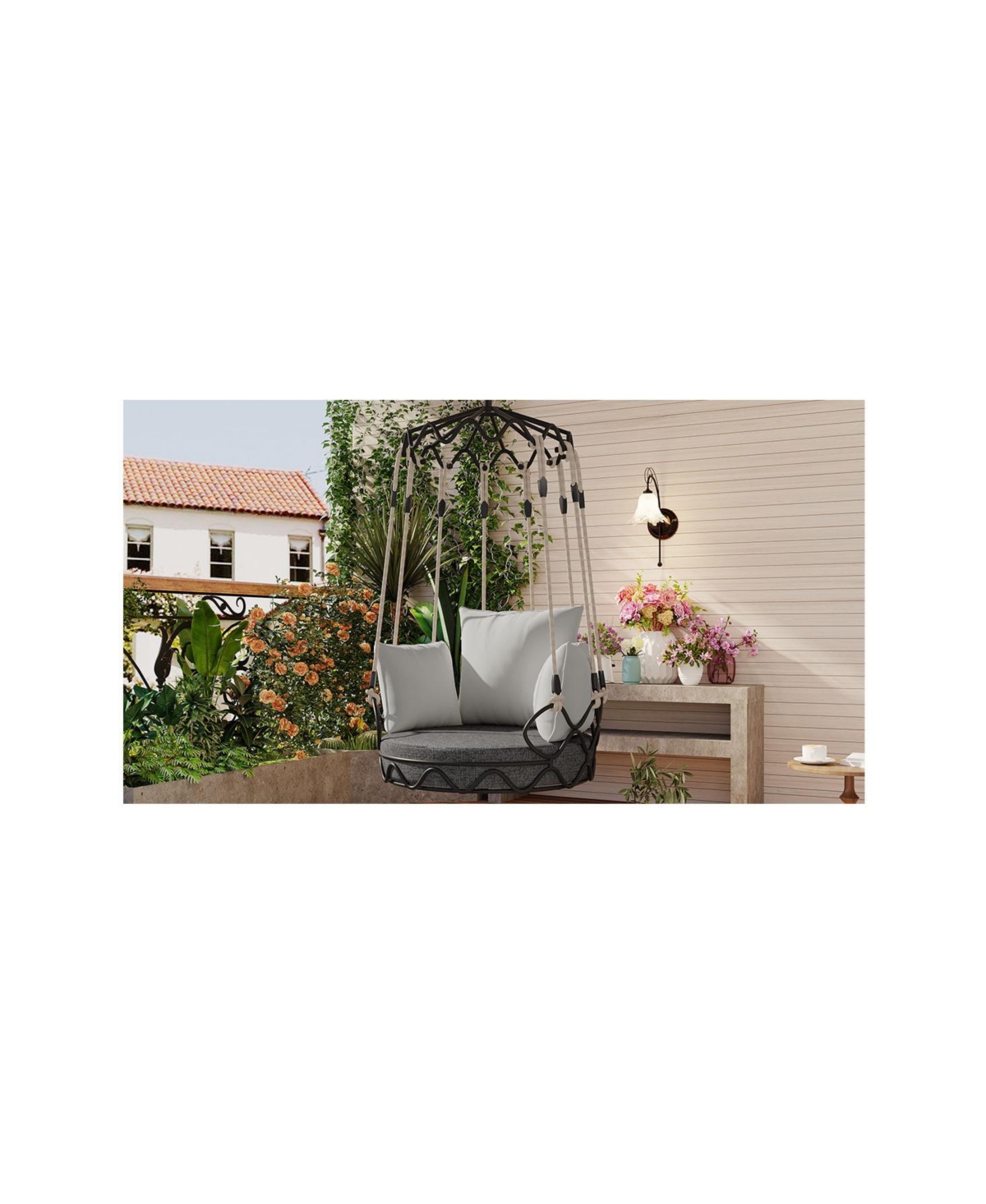 Flynama Gray Outdoor Hanging Swing Chair with 8 Inch Waterproof Cushion