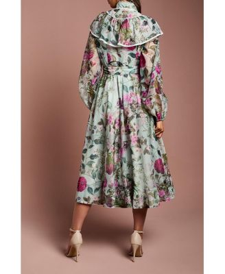 Women's Long Sleeve Printed Organza Shirt Dress