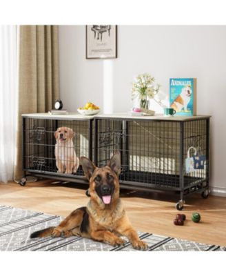 27" Grey & Black Modern Furniture-Style Dog Crate with Double Door, 360° Rotating Wheels, Anti-Slip Feet & Divider, End Table Design