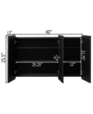 3-Door Aluminum Bathroom Medicine Cabinet, Round Corner Framed Door - Versatile Recessed Medicine Cabinet or Surface Mount, Mirrored Door Cabinet with Adjustable Glass Shelves, Matte Black