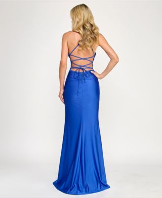 Juniors' Sleeveless Lace-Up-Back Gown with High Slit