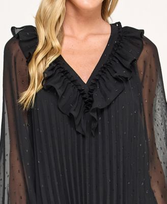 Juniors' Pleated Clip Dot Long Sleeve Dress