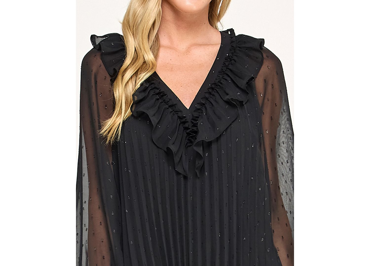 Juniors' Pleated Clip Dot Long Sleeve Dress