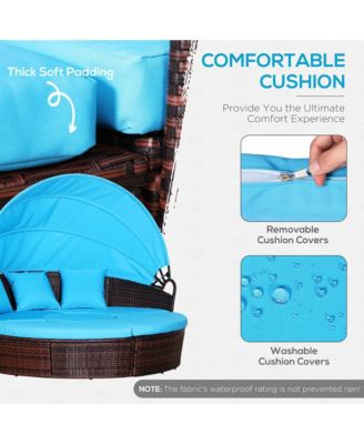 Rat Daybed Patio Furniture Set w/ Adjustable Canopy,