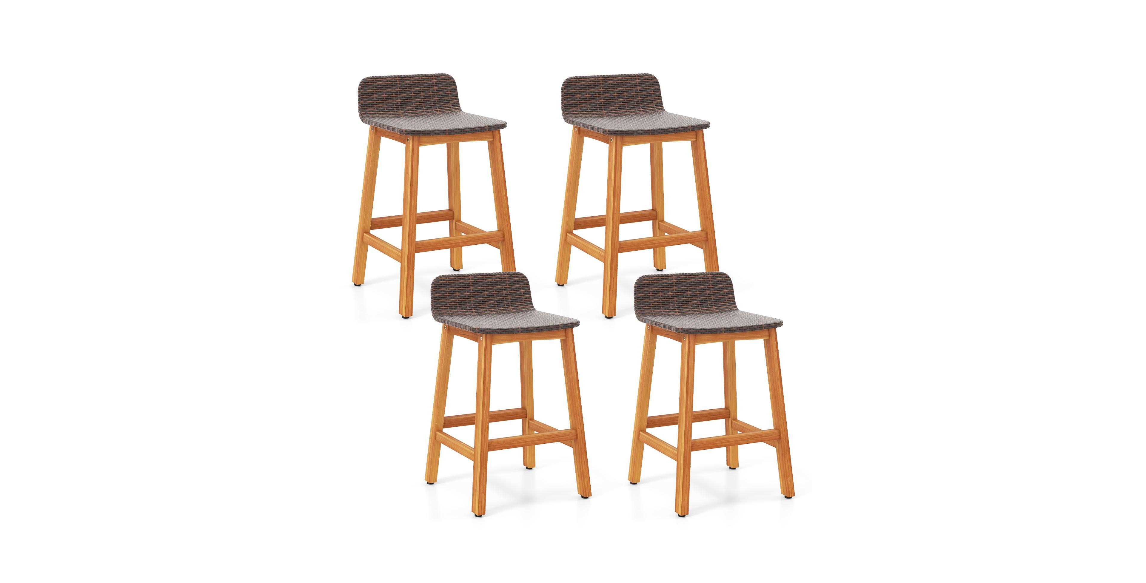 Gymax Solid Acacia Wood Bar Stools Set of 4 Rattan Bar Height Patio Chairs for Porch