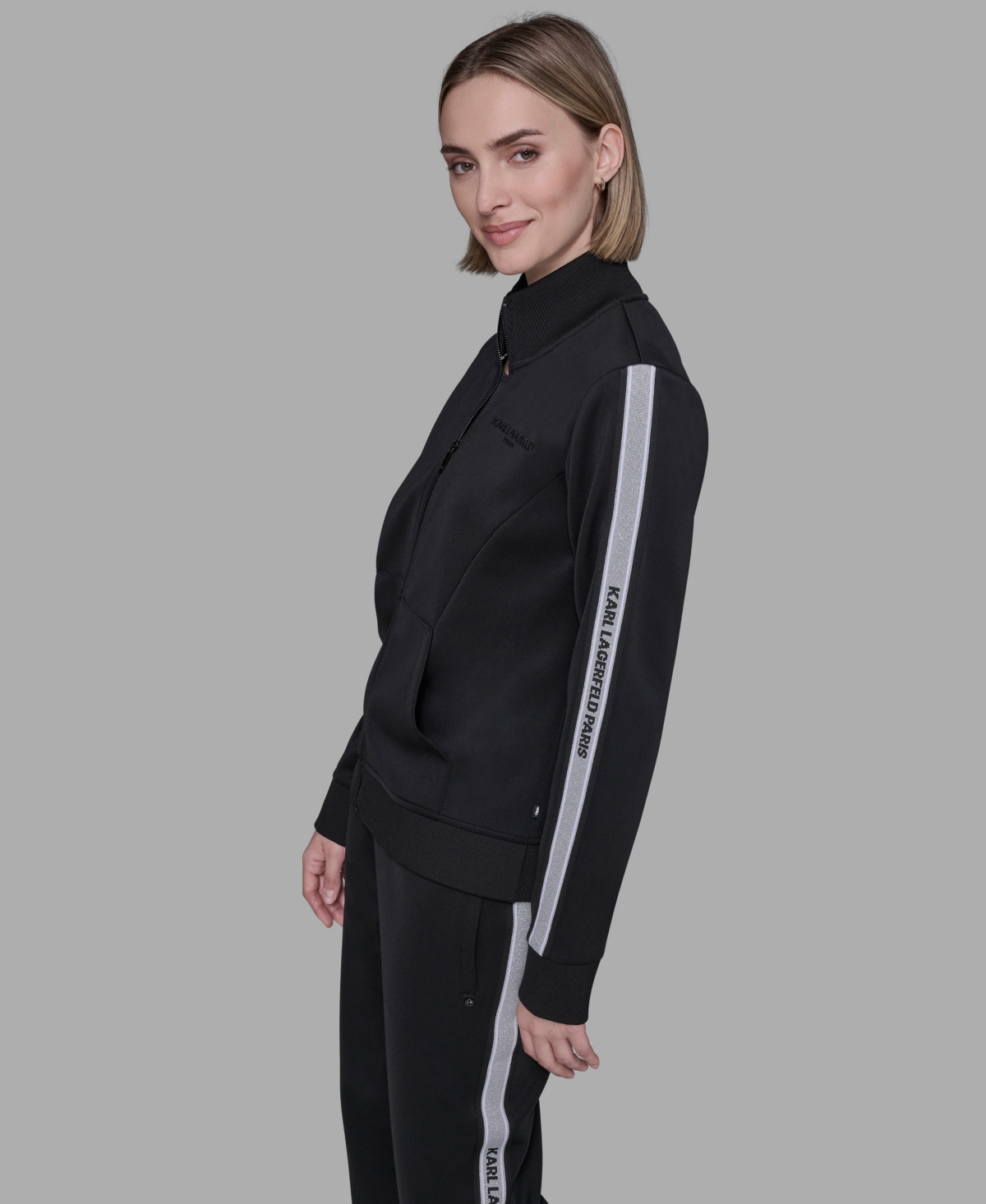 Karl Lagerfeld Petite Logo Detail Zip-up Jacket In Black
