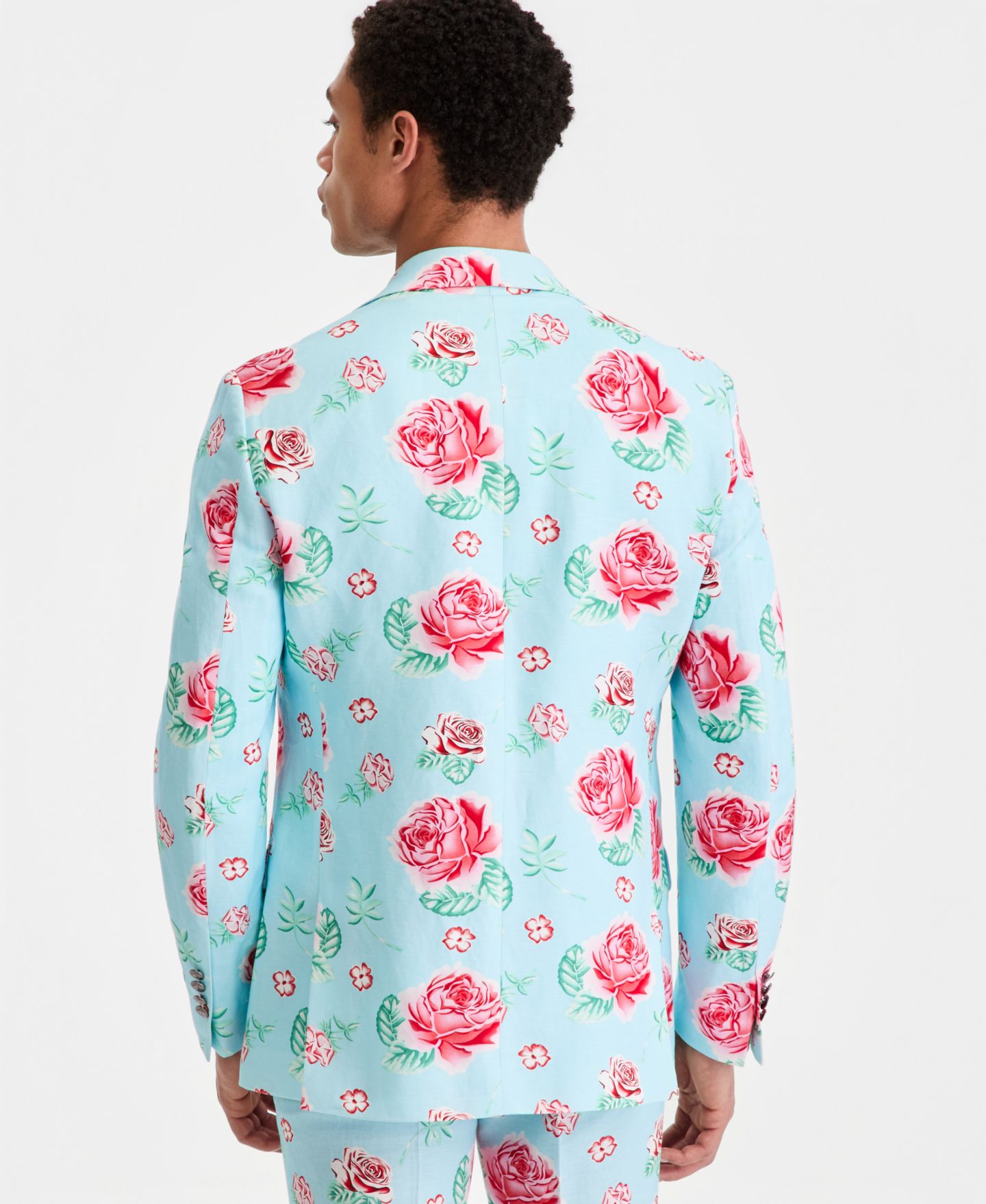 Мужской пиджак Tallia Slim-Fit Linen-Blend Patterned Blazer, цвет: Синий / Розовый — фото 3
