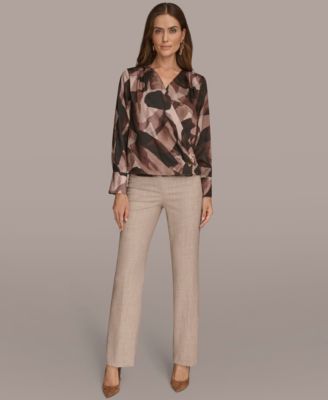 Petite Printed Satin Long Sleeve Wrap Top