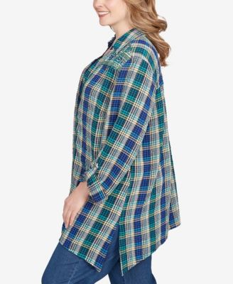 Plus Size Embroidered Plaid Button Down Top