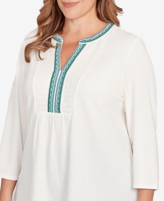 Plus Size Embellished Textured Split Neck Top