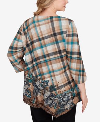 Plus Size Floral Plaid Cozy Ballet Neck Top