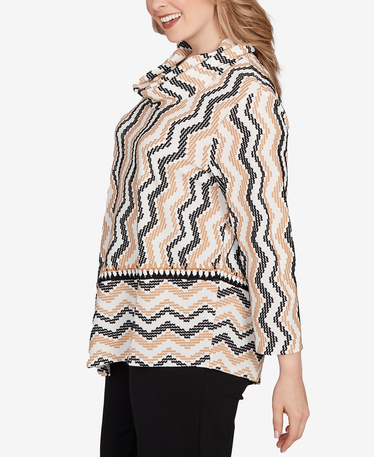 Ruby Rd. Plus Size Cowl Neck Zigzig Textured Knit Top In Neutral