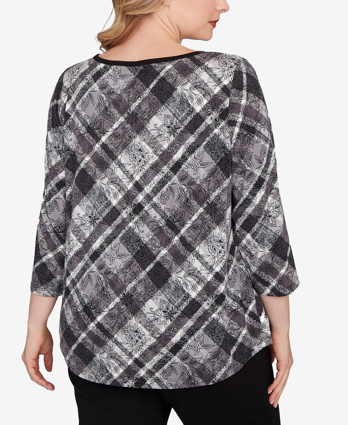 Ruby Rd. Plus Size Solid Tipped Plaid Knit Top In Gray