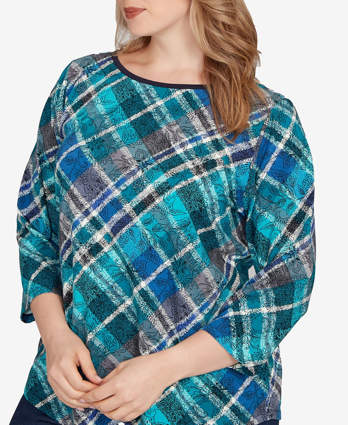Ruby Rd. Plus Size Solid Tipped Plaid Knit Top In Blue
