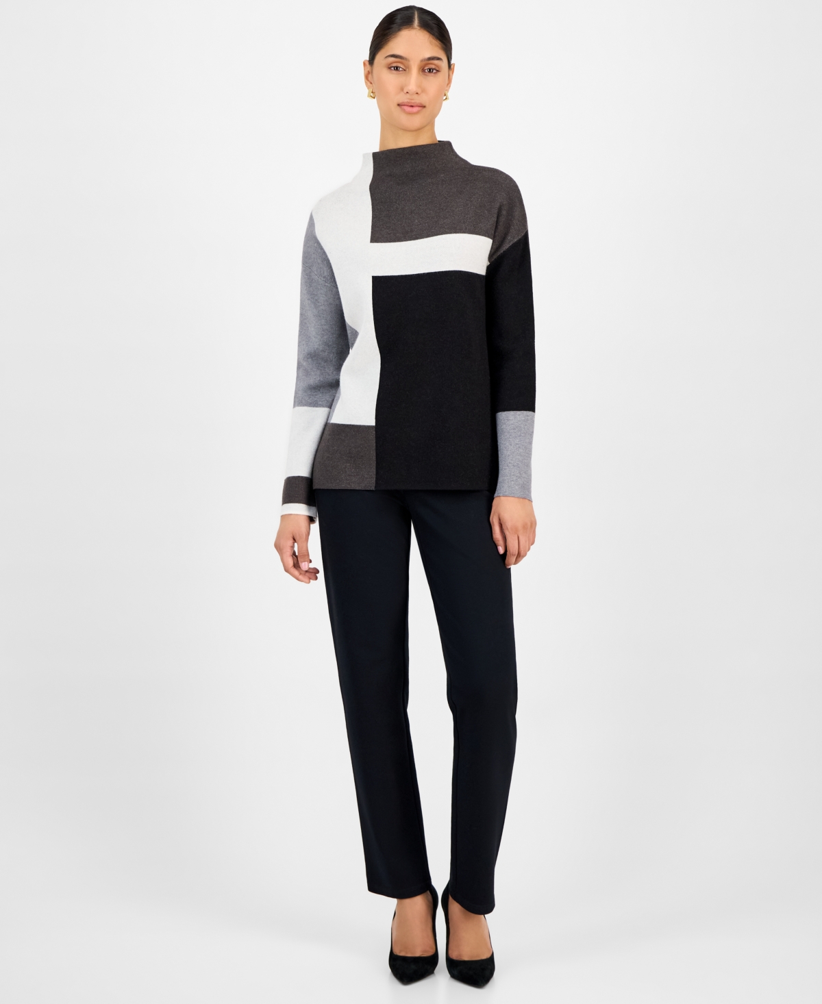 T Tahari Women's Colorblocked Funnel-neck Sweater In Gray