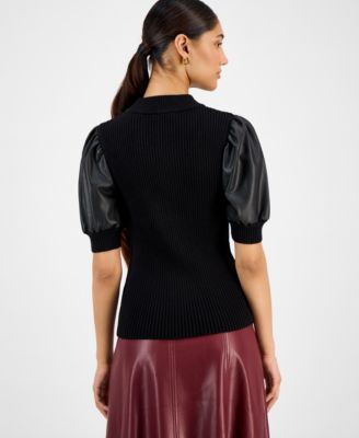 Women's Ribbed Faux-Leather-Sleeve Top