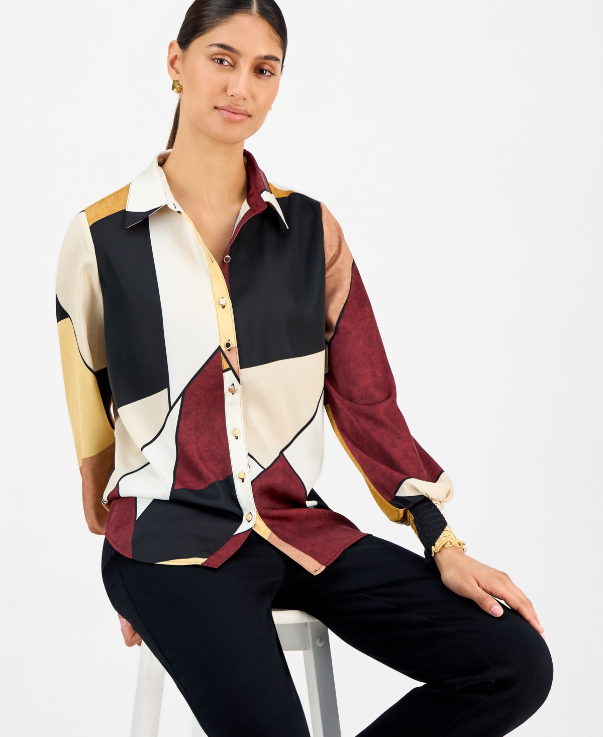 T Tahari Women's Printed Blouson-Sleeve Shirt