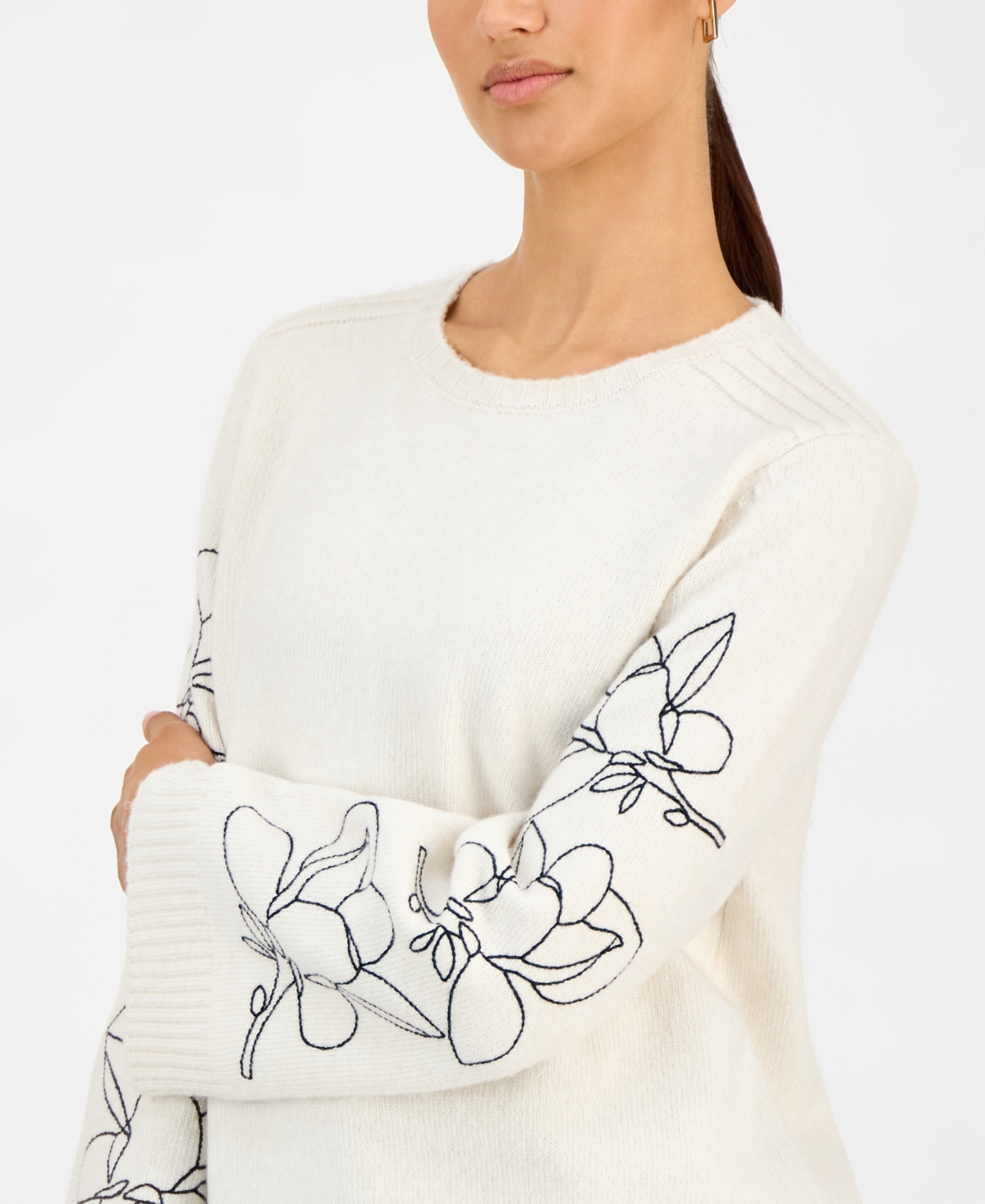 T Tahari Women's Embroidered-sleeve Crewneck Sweater In Neutral