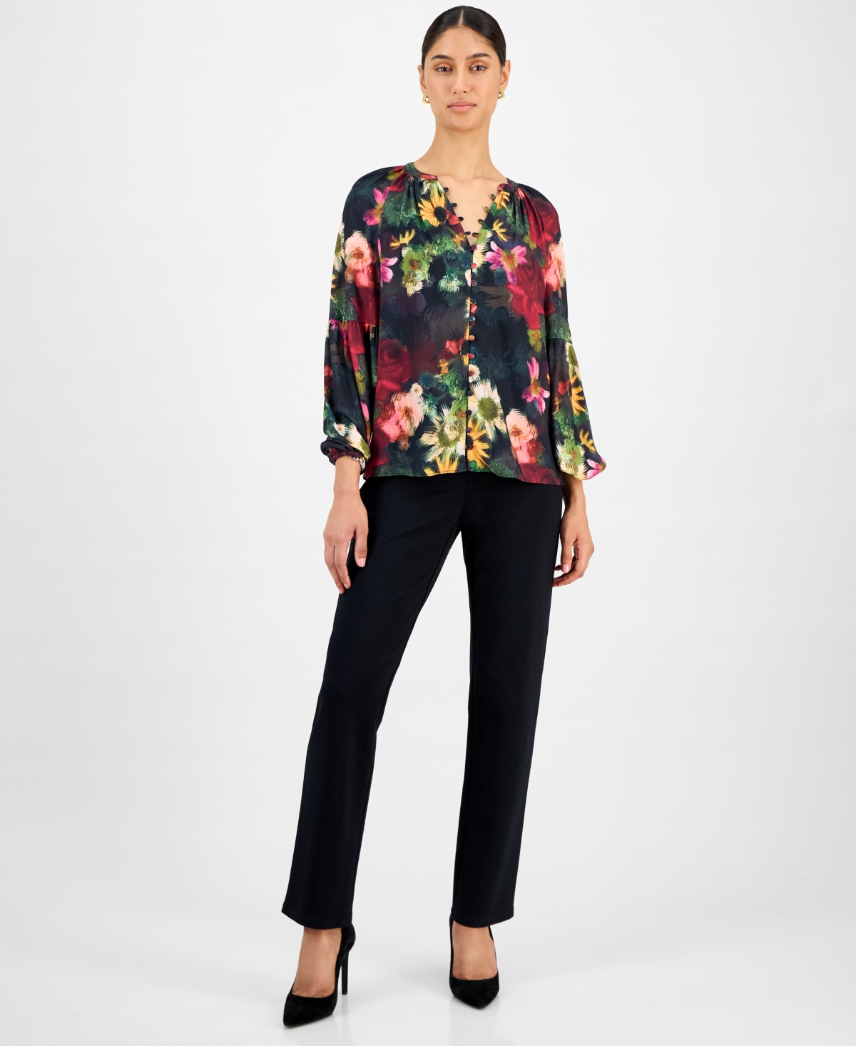 T Tahari Women's Floral Split-neck Blouse In Multi