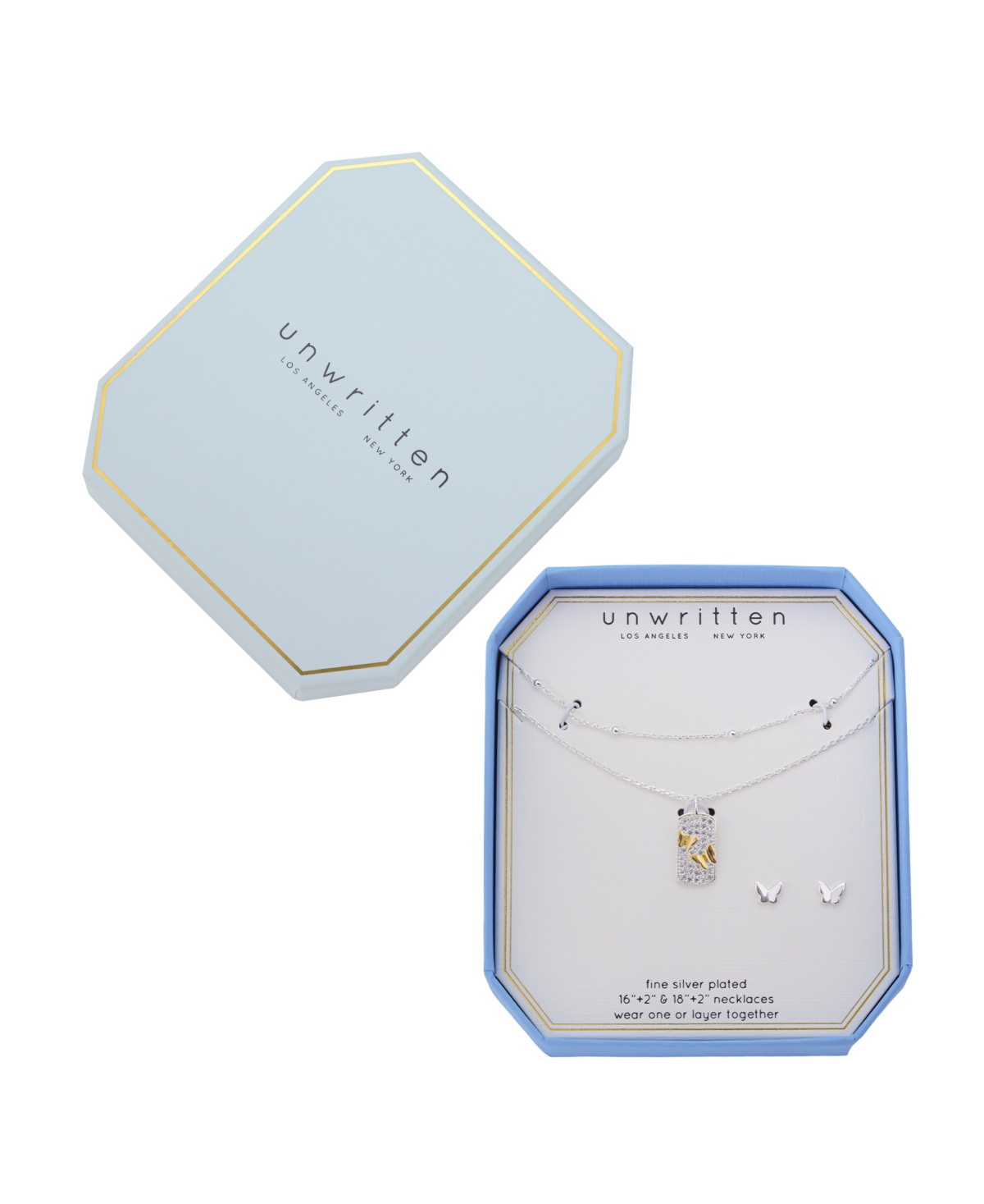 Unwritten Cubic Zirconia Butterfly Tag Pendant Layered Necklace And Earring Set In Yellow