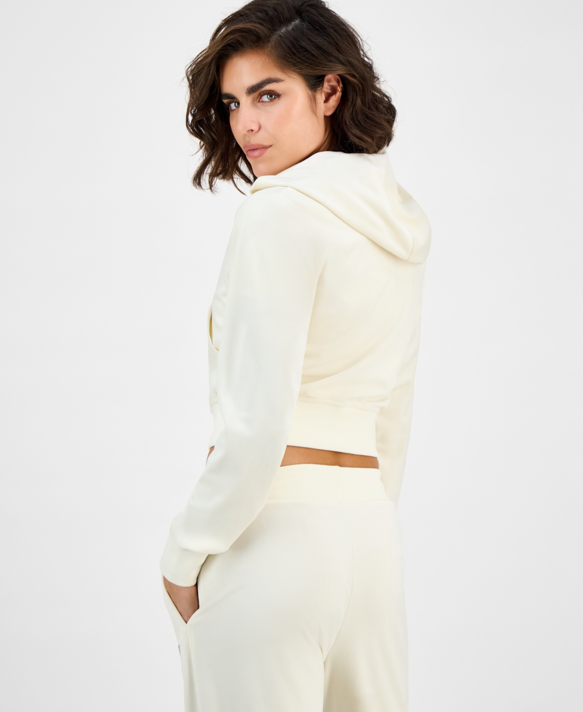 Guess Women's Couture Cropped Velour Hoodie In White