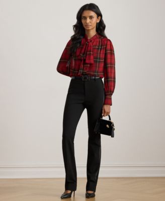 Petite Plaid Print Tie Neck Top