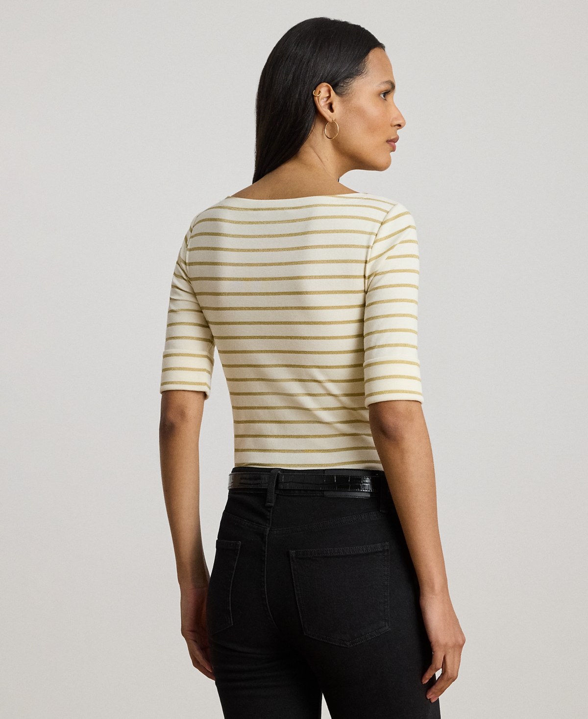 Lauren Ralph Petite Metallic Striped Boat Neck T-Shirt