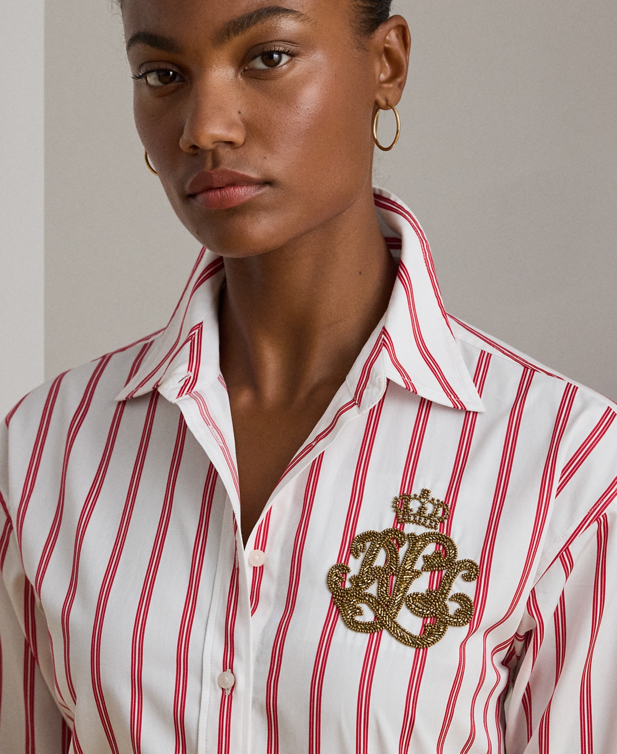 Ralph Lauren Petite Point Collar Striped Shirt In White