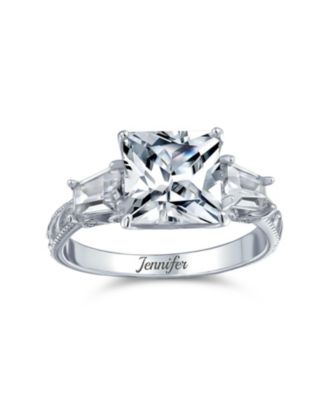 Classic 3CT Princess Cut CZ Solitaire Ring with Baguette Accents in Sterling Silver