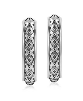 Sterling Silver Patterned J-Hoop 1 Inch Earrings