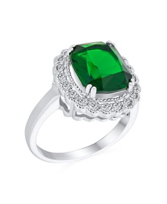 Art Deco Style Rectangle Large Cubic Zirconia Solitaire Green Emerald Cut with CZ Halo 10CT Cocktail Statement Ring Silver Plated