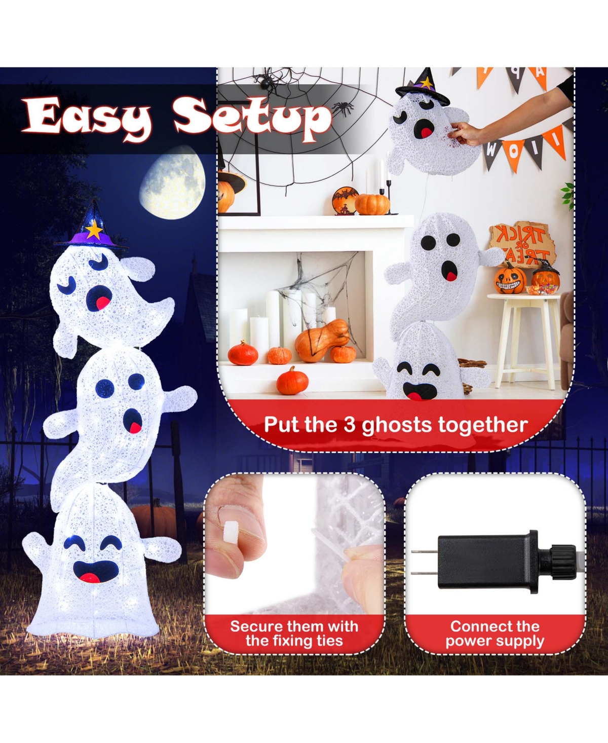 4 Ft Lighted Stacked Ghosts Standing Halloween Decoration with 120 Led Lights and 4 Metal Ground Stakes