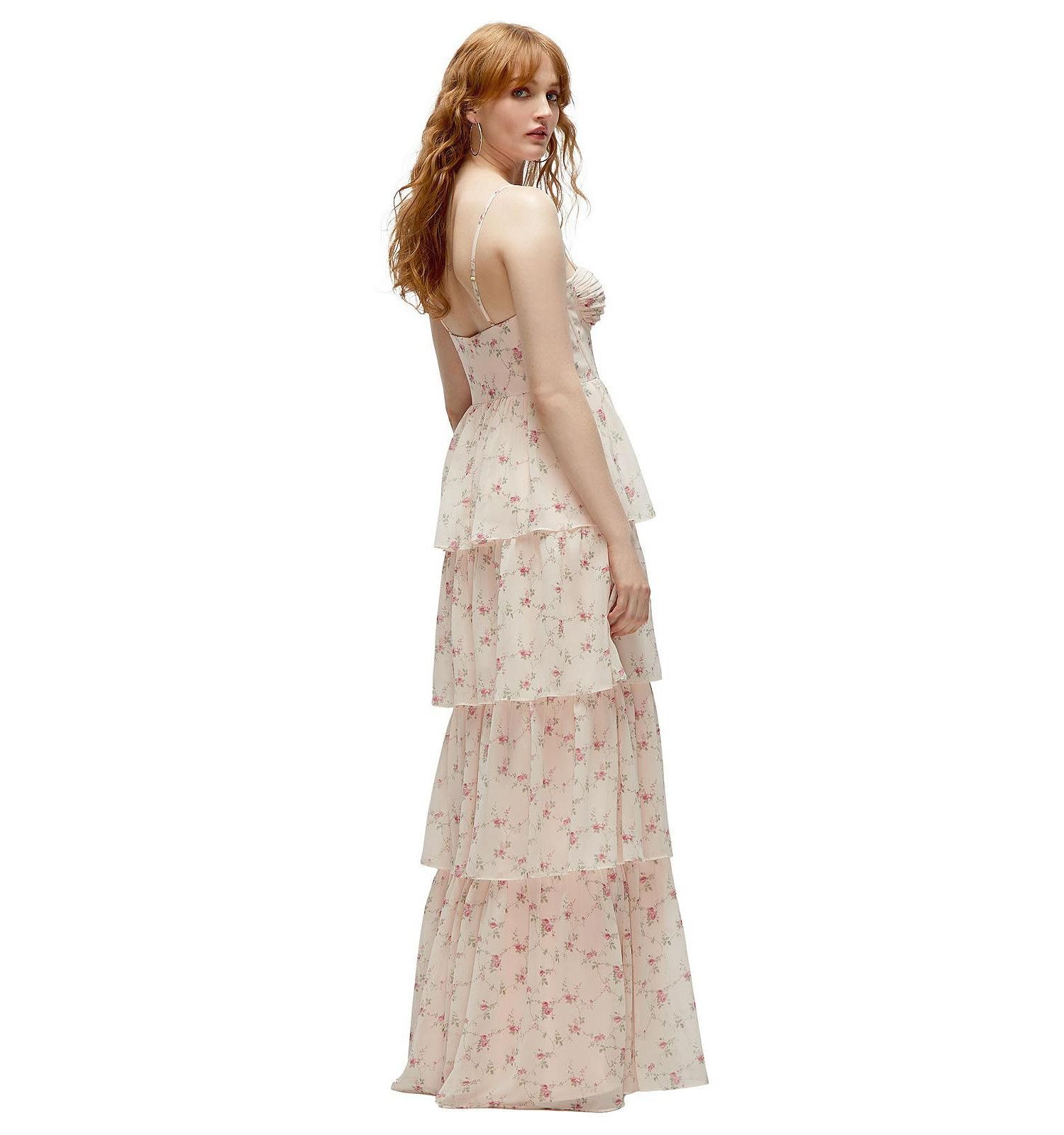 Bustier-Style Chiffon Tiered Ruffle Maxi Dress with Adjustable Straps