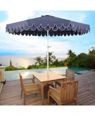 Tracy 9 ft. Classic MidCentury Scalloped Fringe Market Patio Umbrella with Auto-Tilt Crank, Wind Vent and UV Protection in Coral