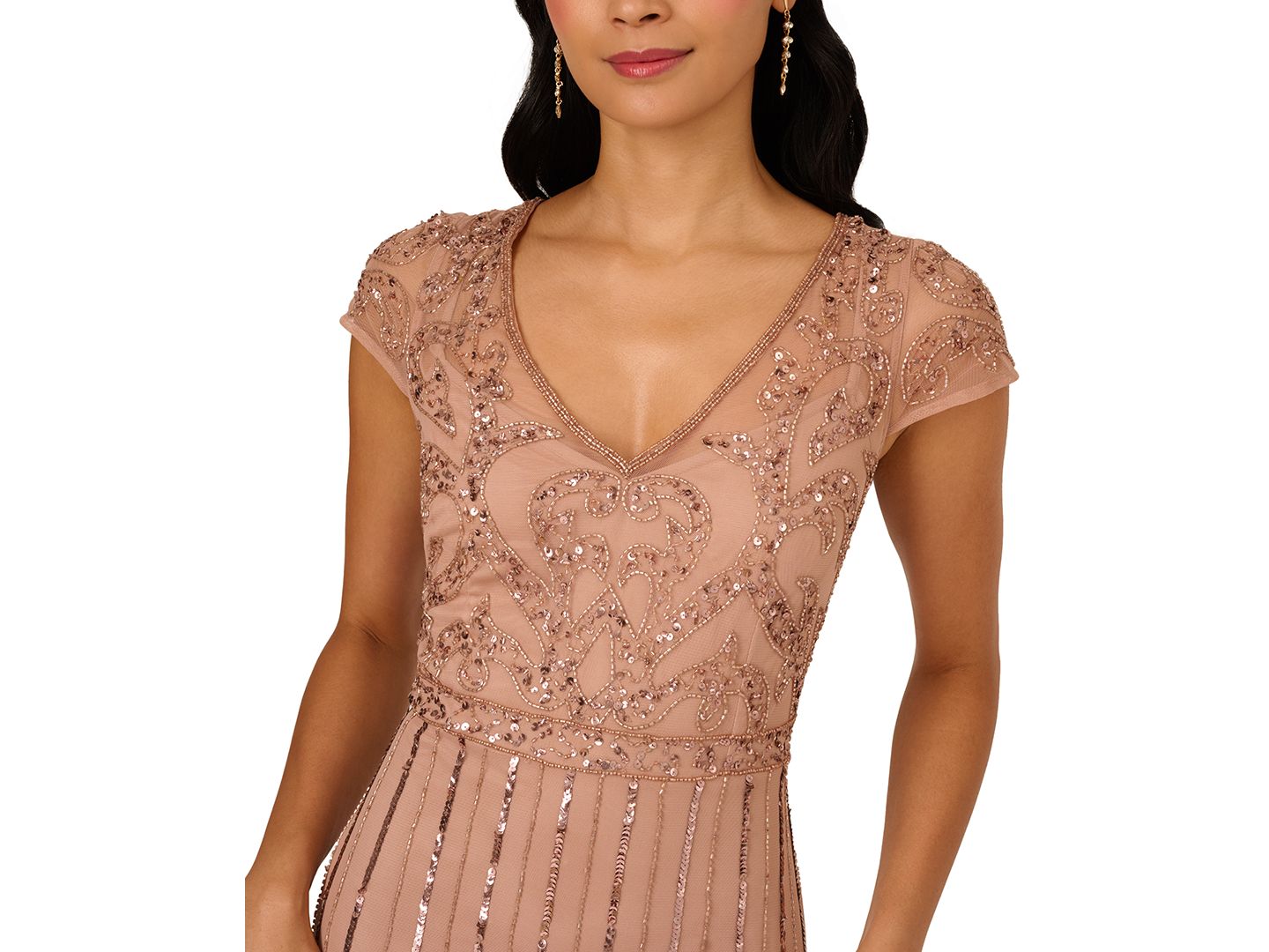 Женское платье Adrianna Papell Embellished V-Neck Godet Gown, цвет: Розовое золото — фото 2