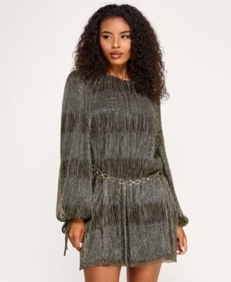 Juniors' Metallic Pleated Knit Belt Dress