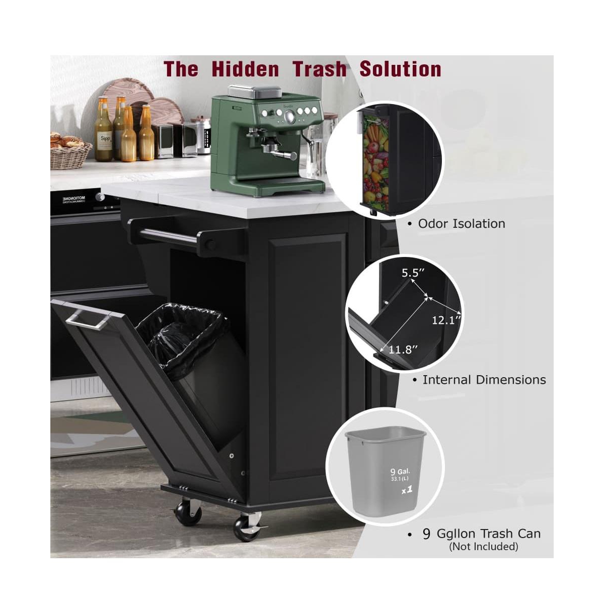 Maison Boucle 50.7" Rolling Kitchen Island with Drop Leaf, Hidden Trash Cabinet, Wood Top, Pull-Out Organizer-Maison
