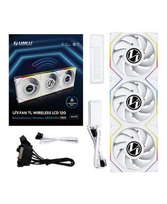 UNI FAN TL Wireless 1.6" LCD 120mm ARGB Case Fan with Controller, White, 3-Pack