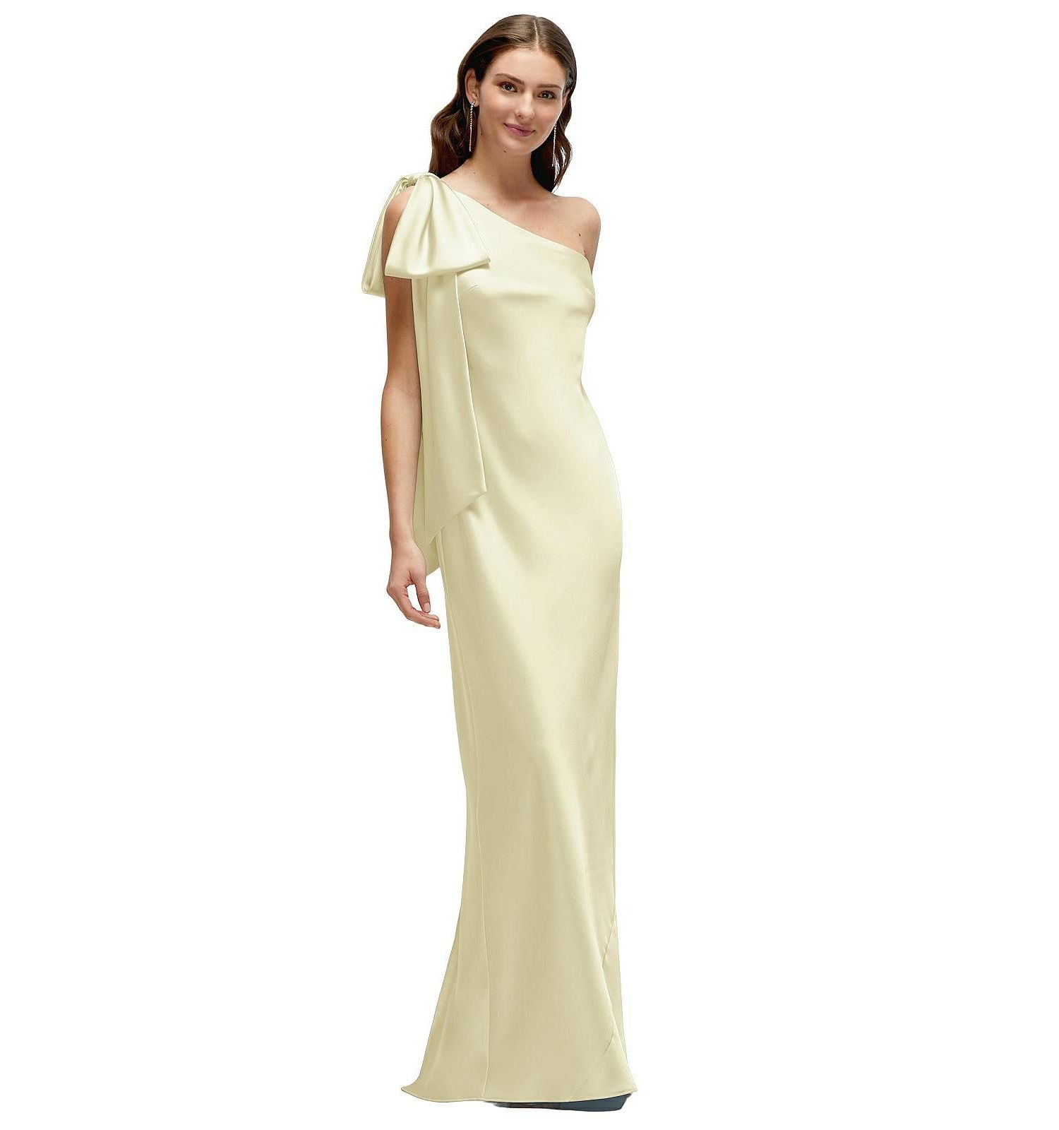 Women's One-Shoulder Bias-Cut Satin Maxi Dress with Cascading Shoulder Bow