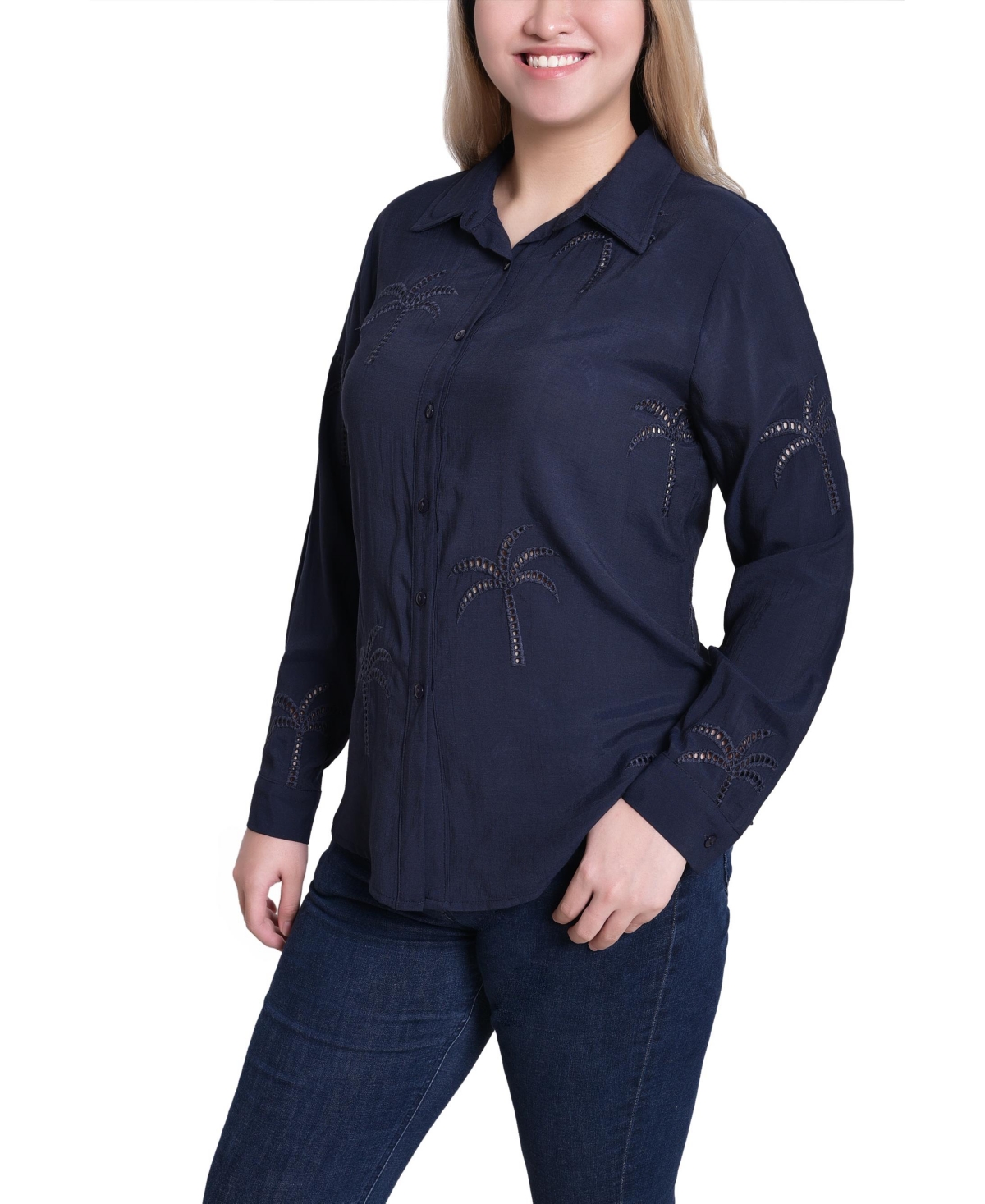 Ny Collection Petite Long Sleeve Palm Tree Top In Blue