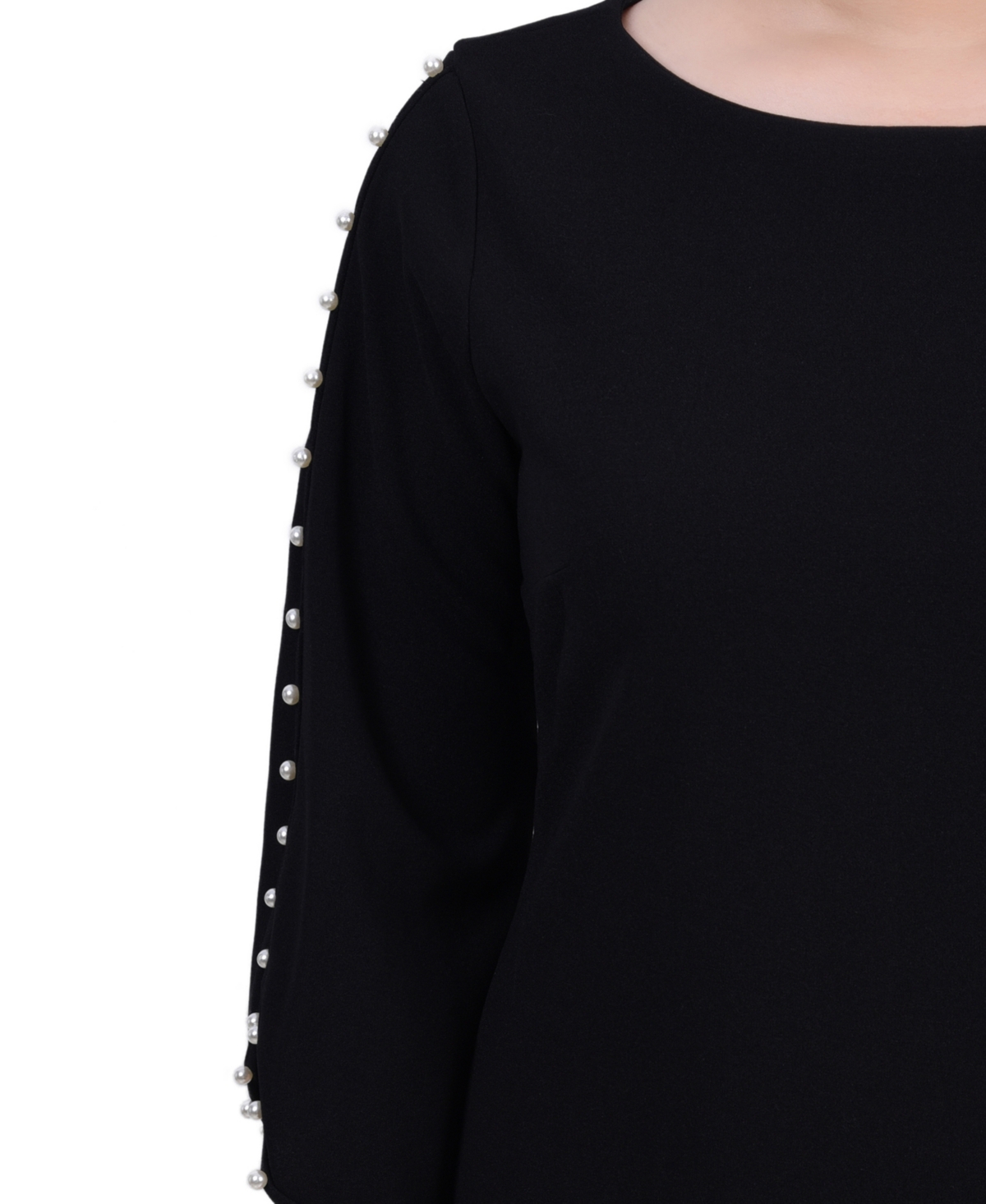 Ny Collection Petite 3/4 Cultivated Pearl-detail Petal Sleeve Dress In Black