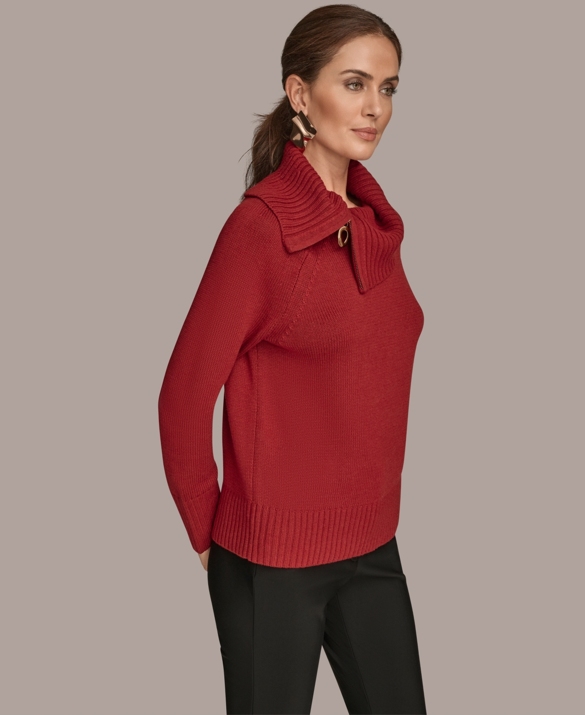 Donna Karan New York Asymmetric Zip Collar Sweater In Red