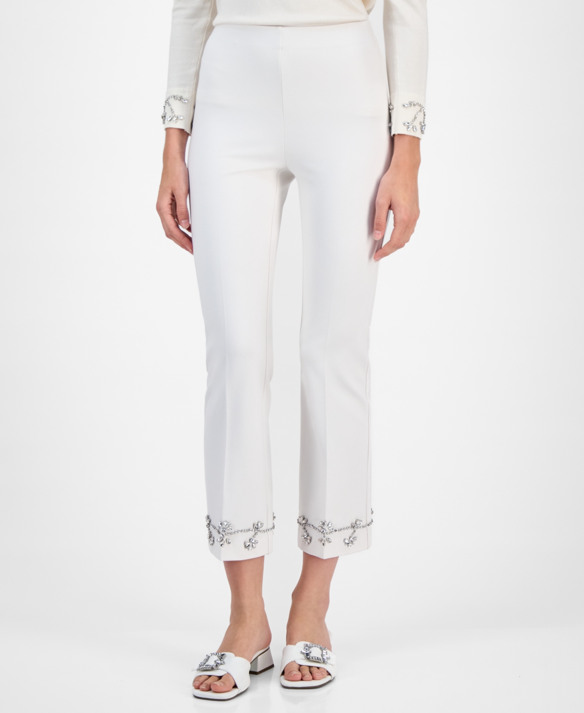 Anne Klein Women's Embellished Pull-on Kick-flare Pants In White