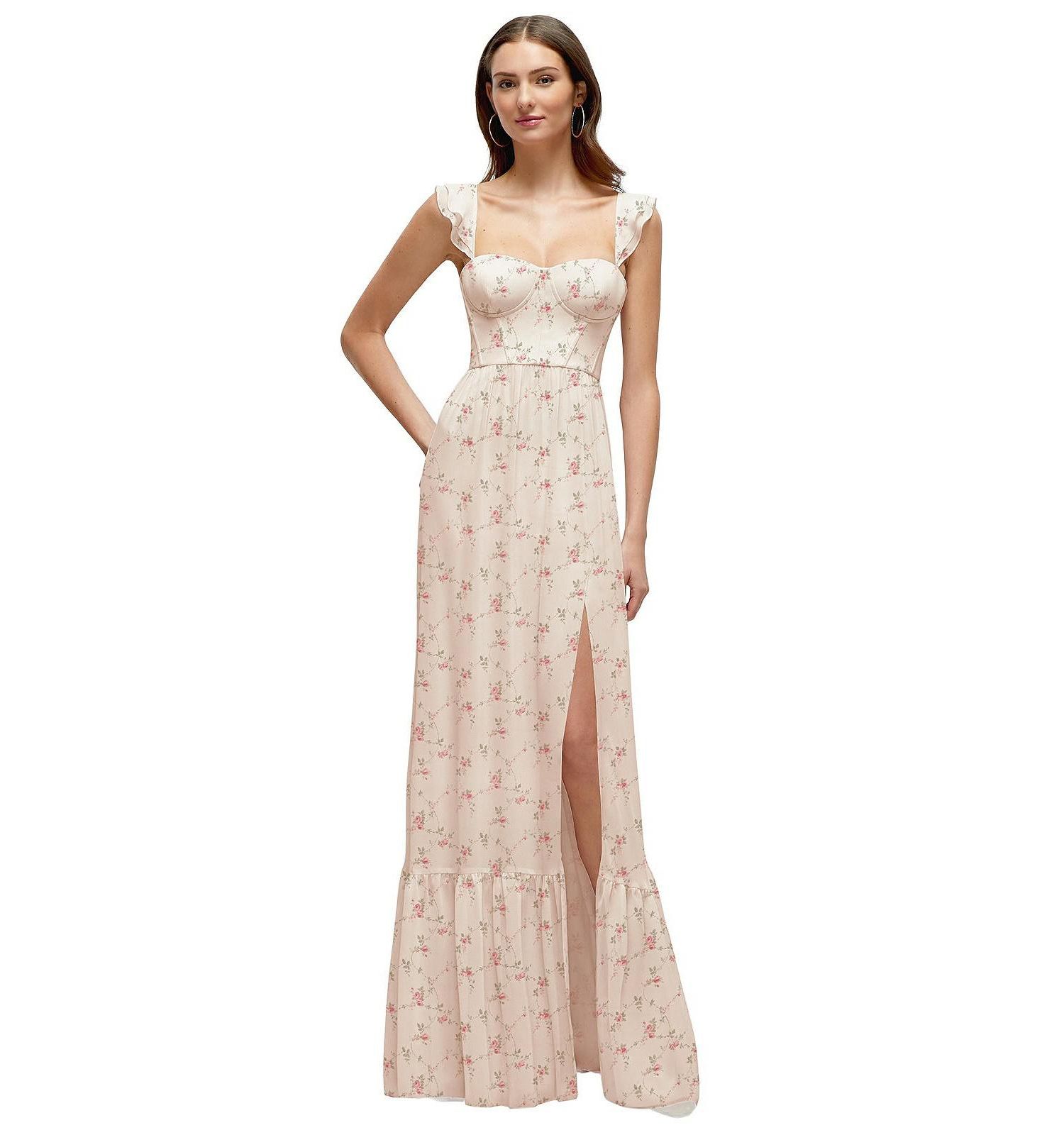 Plus Size Ruffle Strap Chiffon Bustier Maxi Dress with Ruffle Hem A-Line Skirt