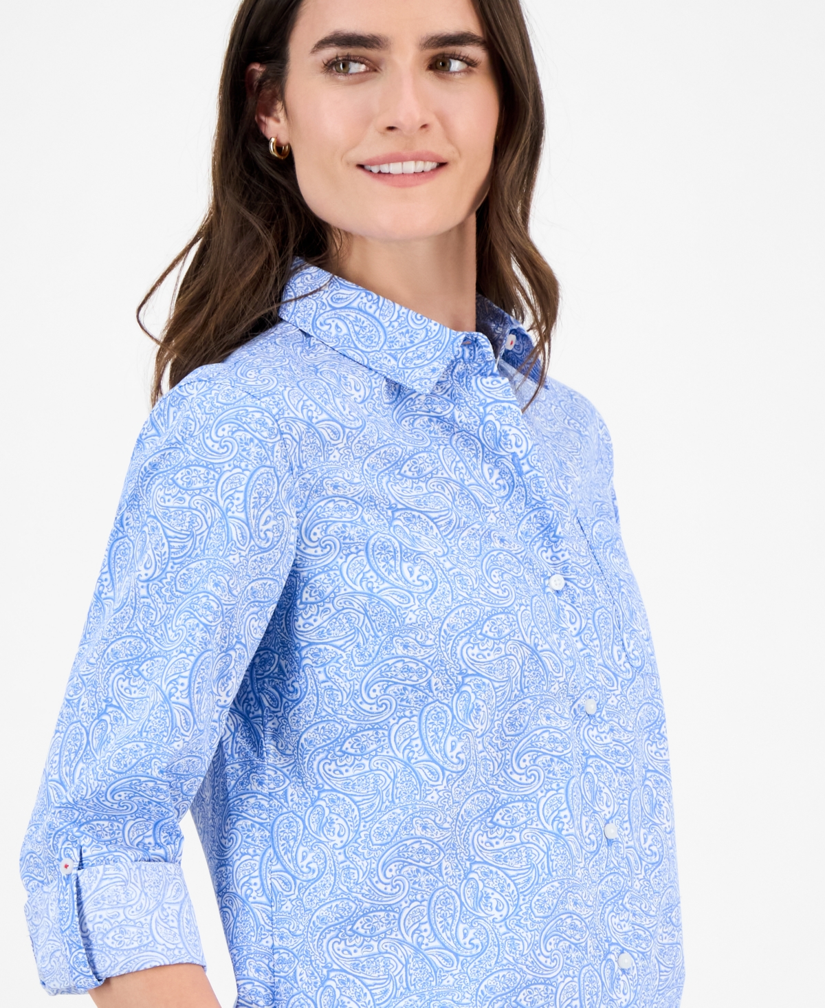 Nautica Jeans Women's Cotton Garden Paisley Roll-tab Shirt In Blue