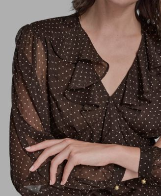 Women's Polka Dot Long Sleeve V-Neck Blouse