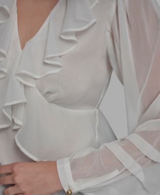 Women's Long Sleeve Ruffle V-Neck Blouse