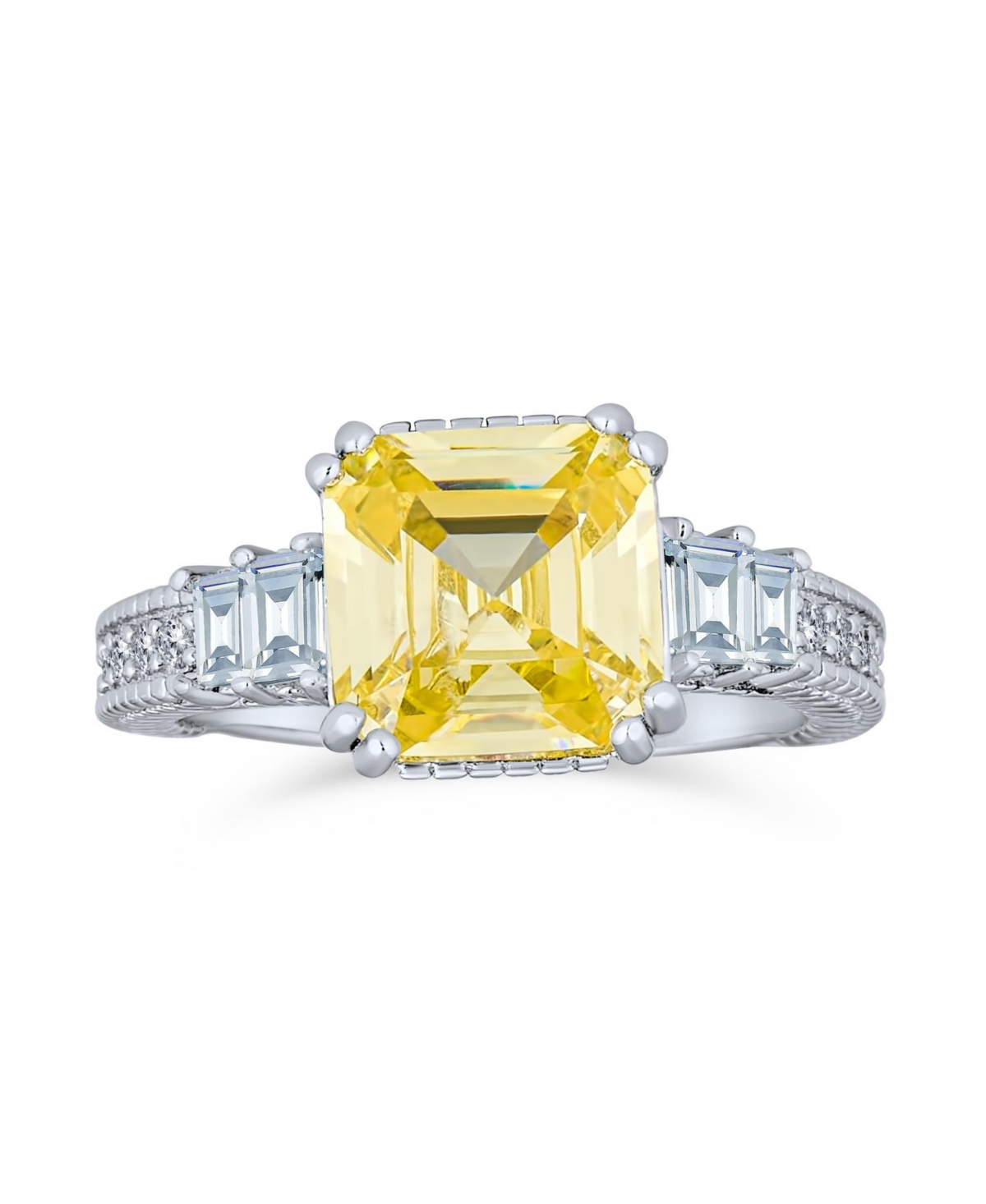 Bling Jewelry Art Deco Style 2CT Yellow Cubic Zirconia Square Asscher Cut Promise Ring Cz Baguettes Side Stone Sterling Silver