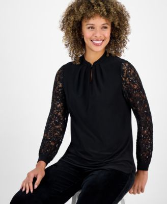 Women's Sequin-Lace-Sleeve Keyhole-Neck Top