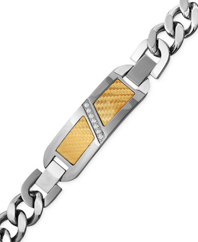 Men's Diamond (1/10 ct. t.w.) Decorative Plate Heavy Link Bracelet in Stainless Steel with 18k Gold Inlay